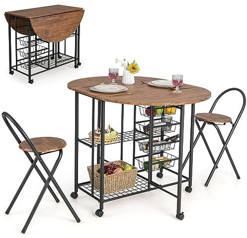COSTWAY 3 Piece Folding Dining Table Set, Drop Leaf Table and Chairs with 2 Storage Shelves, 4 Pull-out Baskets and 6 Wheels, Metal Frame Bar Table Set for Kitchen Dining Room (Brown)