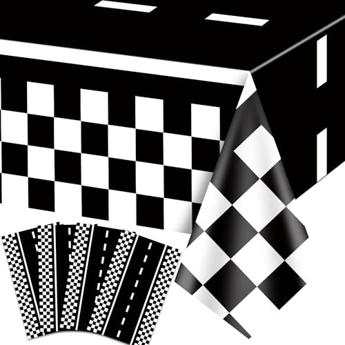 4Pcs Racing Car Tischdecken, Auto Geburtstag Partyzubehör für Kindergeburtstag Kunststoff schwarz Racetrack Party Tischdecke Tischdekorationen für Geburtstag Racing Car Theme Party, 130 x 270cm