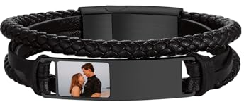 Supcare Armband Herren Personalisiert Leder Armreif Schwarz Lerderarmband mit Gravur Lederband geflochten Breites Wickelarmband mit Edelstahl Magnetverschluss Modeschmuck für Jahrestag Partner