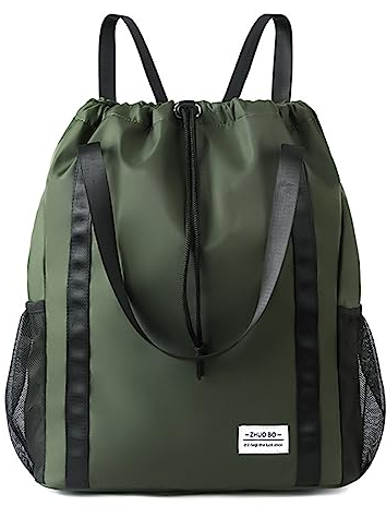 LELE LIFE Rucksack mit Kordelzug, wasserabweisend, große Tasche mit Feuchttasche und langen Griffen, Turnbeutel, Sport, Strand, Rucksack, dunkelgrün, M