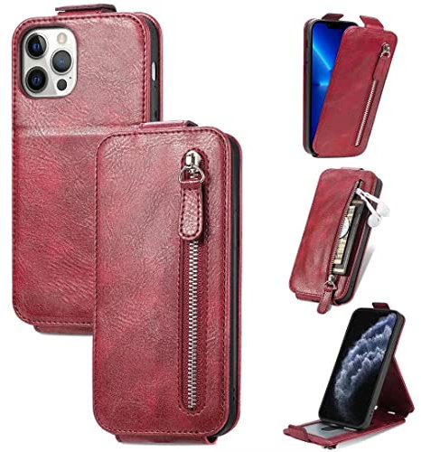 Ufgoszvp Handytasche für Qukitel C35/C36 Reißverschluss Hülle Wallet Case Handyhülle Cover Leder Tasche Flipcase Schutzhülle Silikon Ständer Klapphülle Magnetverschluss rot