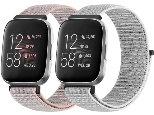 BTTNG Armband Kompatibel für Fitbit Versa 2/Fitbit Versa/Fitbit Versa Lite Armband für Herren Damen, Einstellbare Atmungsaktive Nylon Armbänder Sport Solo Loop Ersatzarmband (2 Stück)