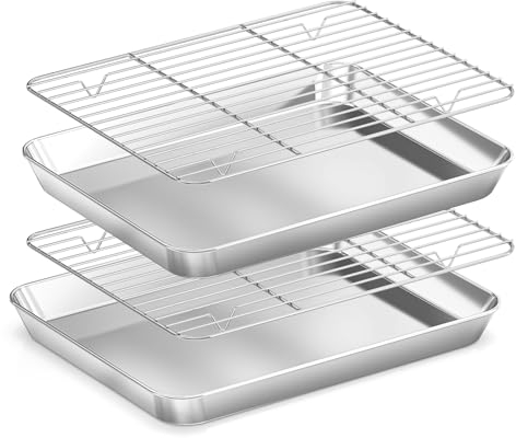 Fire More Juego de Bandeja para horno acero inoxidable con rejilla de enfriamiento,(2 bandejas para hornear, 2 rejillas de enfriamiento),no tóxicas,acabado espejado(26,5x20,5x2,5cm)
