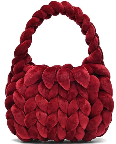 Handgewebte Umhängetasche für Frauen, gestrickte Tragetaschen, handgefertigte geflochtene Geldbörse, niedliche Puffy-Tasche für Herbst und Winter, Weinrot, Medium