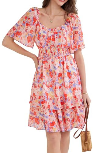 GRACE KARIN Robe Plissée Élégante pour Femmes Manches Courtes Imprimé Fleurs Été Robe Mi-Longue de Cocktail A-Ligne Taille Cintrée Tenue Décontractée L Rose Florale