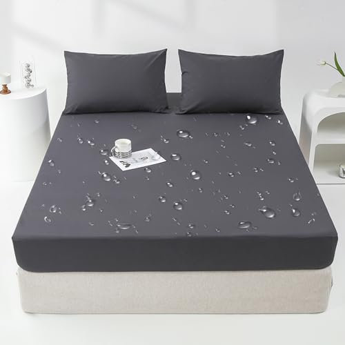 Highdi Wasserdichter Spannbettlaken, Spannbetttuch Weich Matratzenschoner Bettlaken Bis 30cm Matratzenhöhe, Spannbetttücher für Kinder Erwachsene (200x220cm,Dunkelgrau)