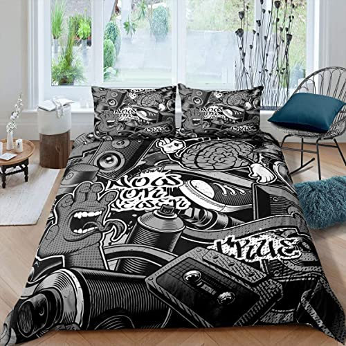 Sezhiqeu Hip Hop Musik Bettwäsche 140x200, 3D Muster Weich Mikrofaser Bettwäsche Set Teenager-Straßenkultur Bettbezug + 2 Kissenbezug 80x80 cm mit Reißverschluss E-254