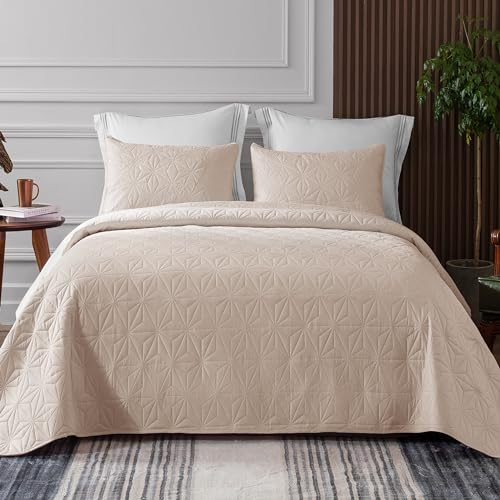 Whale Flotilla Tagesdecke Bettüberwurf 240x260 cm Bedspread mit 2 Kissenbezüge, Weiche und Leichte Steppdecke mit Geometrischem Muster für 4 Jahreszeiten, Beige