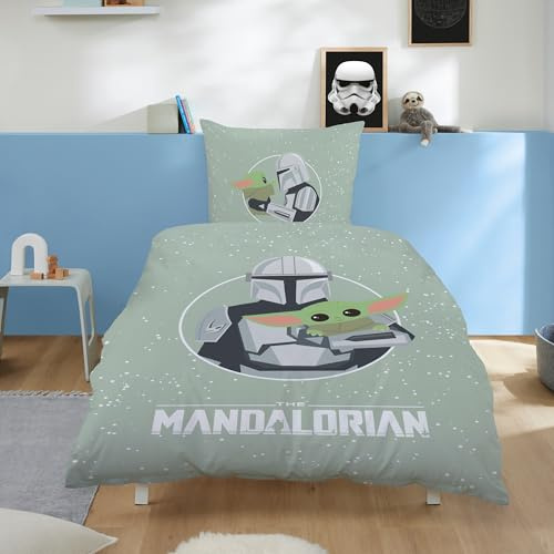 Familando - Star Wars Bettwäsche Set The Mandalorian & Baby Yoda Grogu (2-teilig) – Decken- & Kissenbezug 135x200 cm & 80x80 cm – 100% Baumwolle Renforcé – mit Reißverschluss – Oeko-TEX Zertifiziert