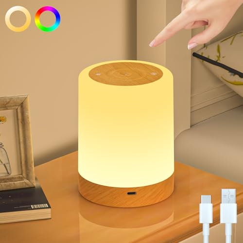 TRUMPETS LED Nachttischlampe Touch Dimmbar mit RGB Farben & 4 Modi, Holzmaserung Nachtlicht USB Aufladbar, Tischlampe mit Timing Funktion Baby Nachtlicht für Schlafzimmer Wohnzimmer