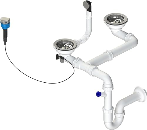 GRANMASTER Siphon Küchenspüle Automatischer 2-Kammer Raumsparsiphon mit überlauf Ablaufgarnitur für Spüle Made in Italy Anschluss an der Unterseite: 1 1/2 Siebkorb Excenterventil 3 1/2- 30x25x35cm
