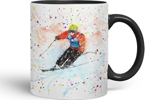 Vixar Skiing Ski Winter Sport Watercolour Ceramic Coloured Mug Cup for Tea Coffee Hot Brew 330ml 11Oz Gift (Black)