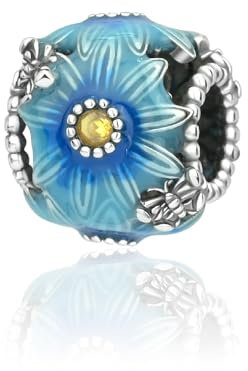 Wedanor Charme Blaue Gänseblümchen Charms Anhänger 925 Sterling Silber Charm Pendant für Europäische Armbänder und Halsketten