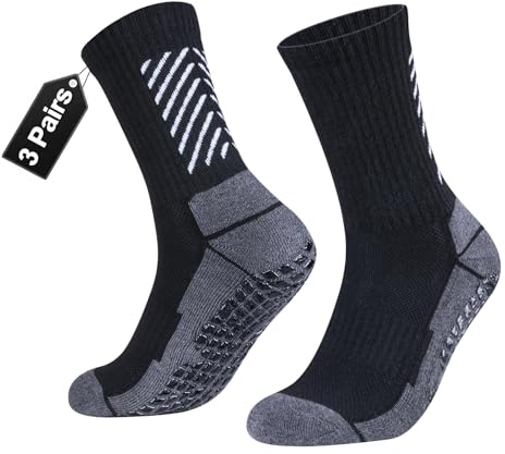 YUEVO SPORTS Herren Grip Socken Schwarze Griffsocken, Rutschfeste Sport Socken Atmungsaktiv Feuchtigkeitsableitend Gepolstert Anti-rutschige Sportsocken für Herren für Gym Fußball Pilates, 3 Paare