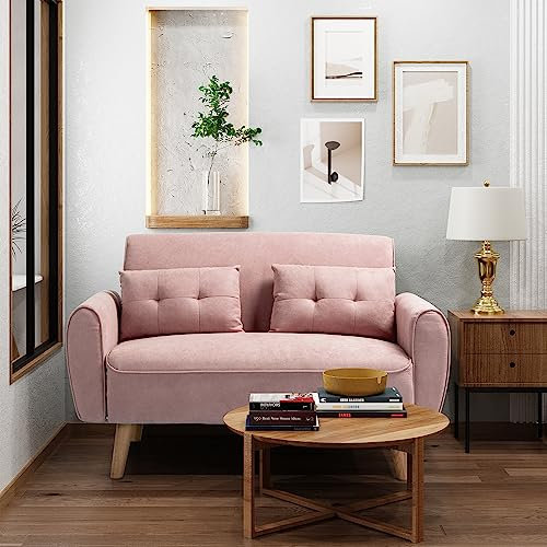 Shintenchi Kleines modernes Zweisitzer-Couch-Sofa, Mitte des Jahrhunderts Stoff, gepolstert, 2-Sitzer-Sofa, Liebessitze, Möbel für kleine Räume, Wohnzimmer, Studio, Apartment mit 2 Kissen, Rosa
