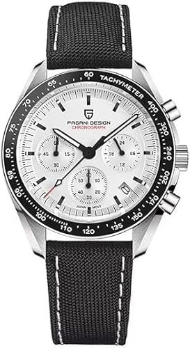 Pagani Design 1701 Herrenuhr Herren Quarzuhr, Japanisches VK63 Uhrwerk, 100 Meter wasserdicht, Saphirglas Chronograph, Luxus-Sportuhr aus Edelstahl. (PD-1701-Weißgurt)