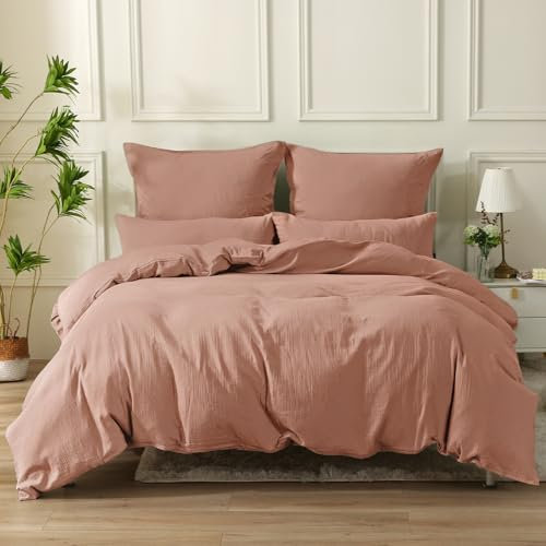 SOULFUL Doppelte Muslin Bettwäsche 155x220 Baumwolle, Bettwäsche-Sets 1er Set Bettbezug mit 1 Kissenbezüge 80x80 cm, ÖKO-TEX Bettwäsche Grapefruit mit Reißverschluss