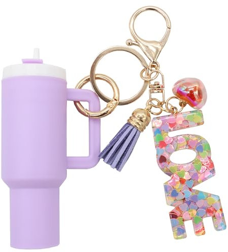 Valan Mini Tumbler Keychain for Stanley Cup Letter Number Keychains For Women Girls Cute Purse Backpack Charm Accessories, Love-purple, Mini