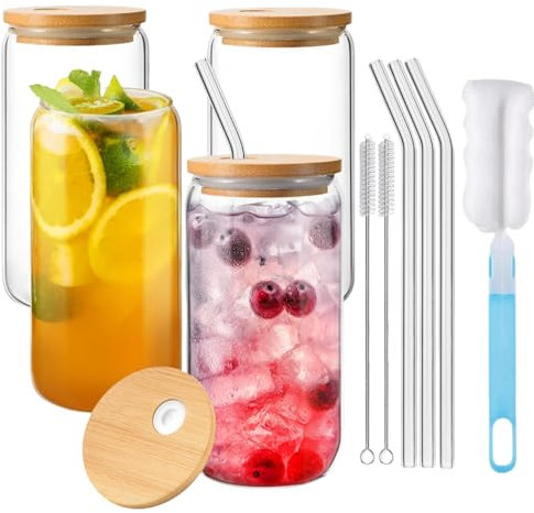 Eidoct 4 Empty 400ml Can Shaped Glasses, Can Shaped Glasses with Airtight Bamboo Lids, Glass Straws & Straw Cleaning Brush, Iced Coffee Glass for Smoothies, Beer, Parties, BBQ