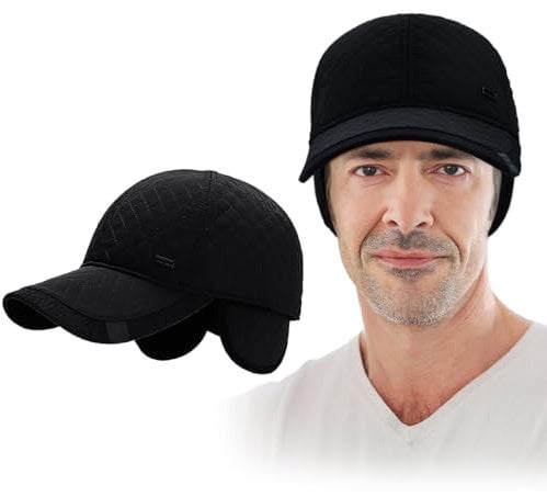 EUIEUT Baseballcap mit Ohrenklappen Herren Wintermütze Baseballmütze Winterkappe Schirmmütze Winter Baseball Cap Herrencap Schwarz Warme Mütze für Winter Outdoor Bergsteigen Reisen(Kopfumfang:50-60cm)