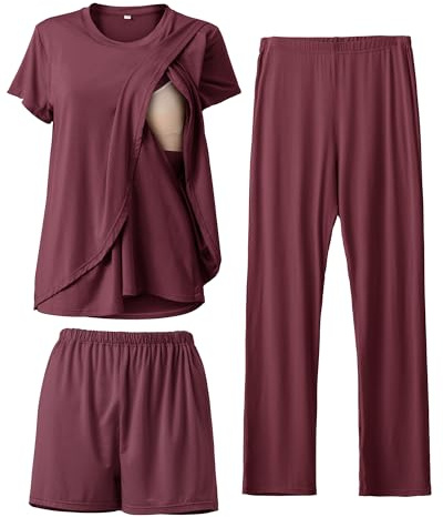 SUNNYBUY 3-teiliges Stillpyjama Set für Schwangerschaft & Stillzeit | Diskretes Stillen, Still-Top, Shorts & Hose, Verstellbarer Bund, Weich & Atmungsaktiv, Alltag & Zuhause