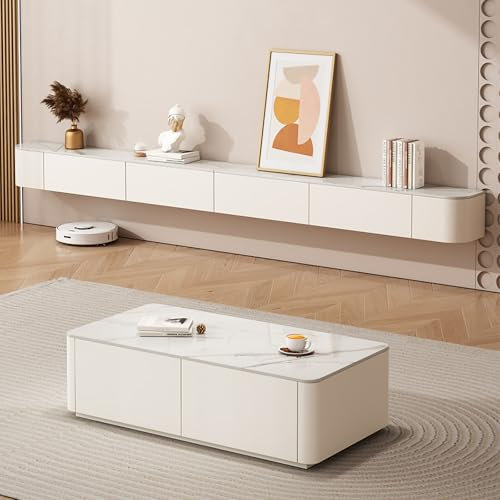 TULAZOU Mueble de TV, Ancho 200 cm, Mueble de TV Suspendido, Mueble Moderno para Sala de Estar (Blanco + Piedra sinterizada)