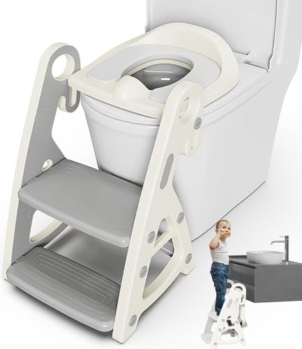 Qixora Reducteur Toilette Enfant,2 en 1 Rehausseur Filles Garçons Pliable et Hauteur Réglable Adaptateur Toilette Enfant avec Coussin Anti-éclaboussures et Antidérapant Tabouret d'escalier
