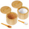 Puasok 2 Piezas Saleros de Cocina de Bambú con Cuchara y Tapa Magnética Giratoria, Salero y Azucarero para Especias, Sal, Pimienta, Hierbas y Más