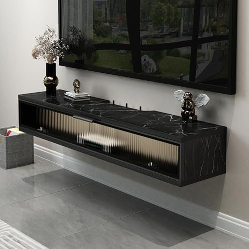 Meuble TV flottant avec tiroirs et couvercles rabattables, montage mural, console multimédia, meuble TV moderne pour salon, chambre à coucher, finition marbre noir, 100 x 23 x 20 cm.