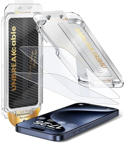 UNBREAKcable 2er Pack Display Schutzfolie für iPhone 15 Pro Max, Automatische Staubentfernung, 9H Militär-Standard, Blasenfreie Montage, Gehäusekompatibel, HD Klar (6.7 Zoll)