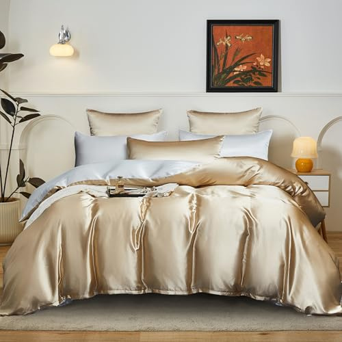 YASMENG Satin Bettwäsche 155x220 Beige Gold Weiß Wendebettwäsche Satin Glatt Glänzend Deluxe Weich Seidig Seide Bettbezug Set 3teiling mit Reißverschluss und 2 Kissenbezüge 80x80 cm