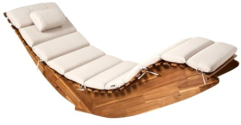 Beliani Outdoor Garden Patio Rocking Lounger Sunbed Light Acacia Wood Cushion Light Beige Brescia II