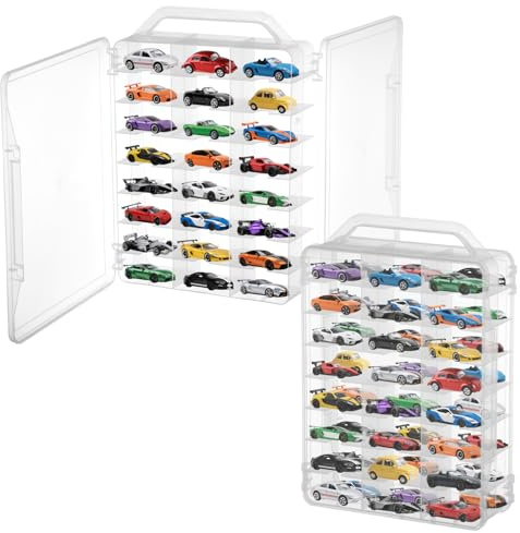 2 Stück doppelseitige Spielzeug-Auto-Aufbewahrungsbox mit Tragegriff, tragbar, transparent, kompatibel mit Matchbox Auto-Hot Wheels, 92 Schlitze, transparenter Organizer für 96 Spielzeugautos