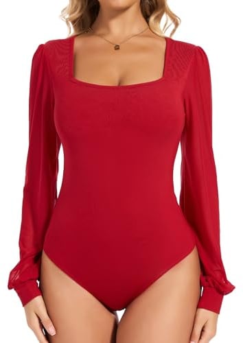 Joyshaper Body da donna a maniche lunghe, con scollo quadrato, elegante, in rete, maniche a sbuffo, con perizoma