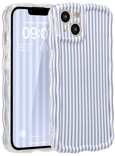 ZCDAYE for iPhone 14 Case Wavy Edge Phone Case Blue Stripes | Cute Pretty Aethetic Pattern Printed Women Girly Cases, Full Camera Protection, Comfy Soft Phone Cover for iPhone 14