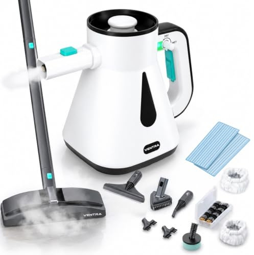 VENTRA® 2-in-1 Dampfreiniger - Handdampfreiniger & Dampfmopp - 900ml | 1200W, 3,5 Bar, 10 Sek. Aufheizzeit, 7m Kabel, Dry/Wet, 24-teilig, 5 Wischpads, Bodenaufsatz, Kontinuierlich nachfüllbar