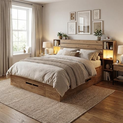 siu want Doppelbett 180x200 Massivholz Eiche, Stauraumbett mit Schubladen und Stauraum-Kopfteil, Bettgestell Holzlattenrost (Ohne Matratze)