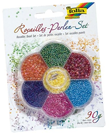 folia 12901 - Rocailles Perlenset, bunt sortiert, mit ca. 90 g Perlen, Nylonfaden und Verschlüsse - zum Gestalten von Schmuck, Perlentieren und Accessoires