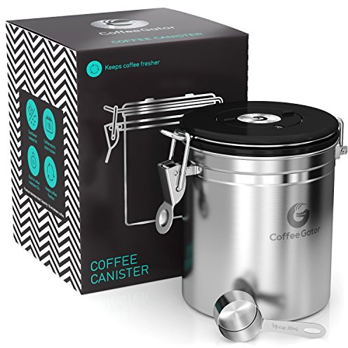 Coffee Gator Coffee Canister Airtight 1300 mL, Stainless Steel Kitchen Food Storage Container with Date Tracker, CO2 Valve, Scoop for Grounds Coffee, Beans,Tea, Sugar, Flour, Snacks