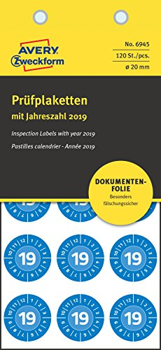 AVERY Zweckform 6945 fälschungssichere Jahres-Prüfplaketten 2019 (stark selbstklebend, Kleinformat, Ø 20 mm, 120 Aufkleber auf 8 Blatt, handbeschriftbare Klebefolie zur Inventarkennzeichnung) blau