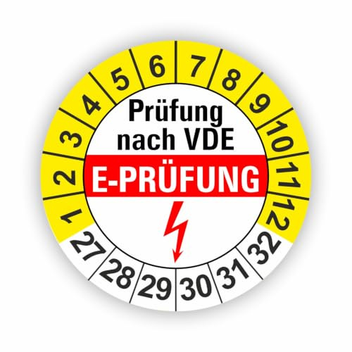 Fassbender-Druck PRÜFPLAKETTEN - Hochwertige Prüfetiketten E-PRÜFUNG Ø 30mm - Selbstklebende PVC-Folie - Wartungsetiketten für Prüfung - Prüfplakette für Prüfungsnachweis (30 Stück)