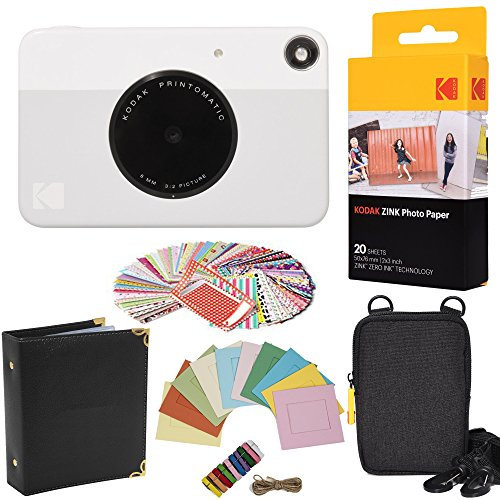 KODAK Printomatic Instant Camera (Grey) Gift Bundle + ZINK Paper (20 Sheets) + Case + 100 Sticker Border Frames + Hanging Frames + Album