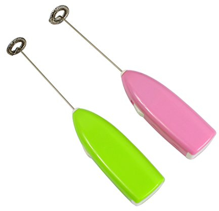 Hillento 2pcs/Pack Mini Handheld Electric Coffee Stirrer Stainless Steel Stem Milk Frother Drink Mixer Whisk Egg Beater Electric, Green & Pink