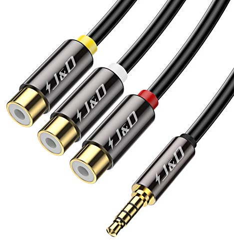 J&D 3.5 mm to 3RCA Cable, Gold Plated Copper Shell Heavy Duty 3.5mm 1/8 inch Male TRRS to 3 RCA Female Plug Stereo Audio Adapter Cable, 1 Feet