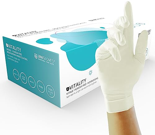 Unigloves Vitality Nitrile GD0031 Moisturising Examination - Multipurpose, Powder and Latex Free Disposable Gloves, Box of 100 Gloves, White, Extra Small
