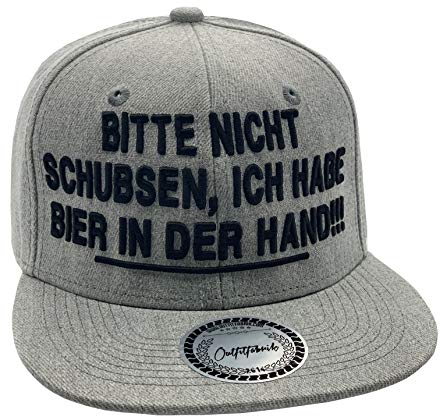 Outfitfabrik Snapback Cap Bitte Nicht schubsen, ich Habe Bier in der Hand in grau mit schwarzem 3D-Stick (Festival, Alkohol, Statement, Saufen) für Männer und Frauen, verstellbar an der Rückseite