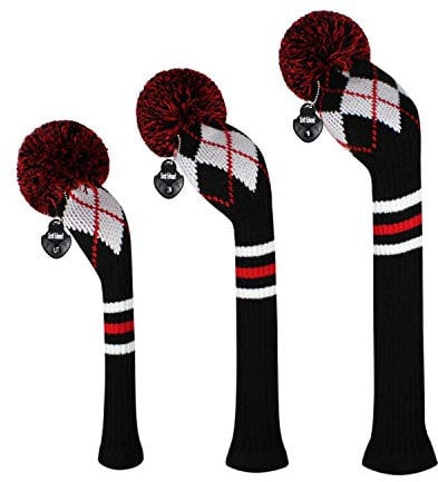 Scott Edward Personalized Knit Golf Club Covers 3 Counts for Woods and Driver Fit Max Drivers Fairways Hybrids/Utility Big Pom Pom Customized Patterns Decorate Golf Bags (Black White Red Argyle)