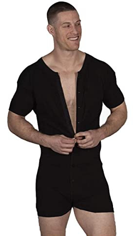 Mens Short Sleeve Onesie Pyjama Henley Jumpsuit Stretchy Cotton Ramper with Buttons Color Black Size XL