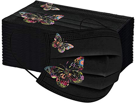 50/100 Stück Erwachsene Einweg Mundschutz Multifunktionstuch, 3 lagig Mundschutz mit Schmetterling Motiv Einmal Schwarze Maske, Weiche Staubschutz Atmungsaktive Vlies Mund-Nasenschutz Bandana Halstuch