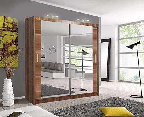 A.C. Milan German Modern Double Mirror sliding door wardrobe with LED Light Width 100cm/120cm/150cm/180cm/203cm/250cm (Oak, 100 CM)